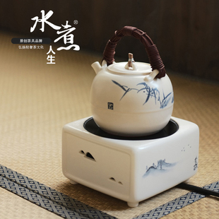 梵山堂苏打釉手绘青花，煮茶壶方电陶炉功夫茶具，烧水壶可养开片陶壶
