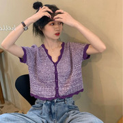 夏季紫色短款修身bm外搭针织，开衫v领薄款短袖，t恤上衣女装防晒衫潮