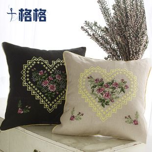 精准印花法国dmc十字绣套件，靠垫客厅卧室玫瑰花心抱枕两色可选