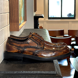 夏季英伦风复古做旧皮鞋商务正装德比鞋男士布洛克雕花皮鞋手工鞋