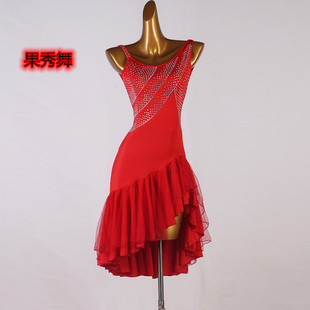 无袖女红色吊带拉丁舞连衣裙表演比赛服双层大摆伦巴恰恰舞裙