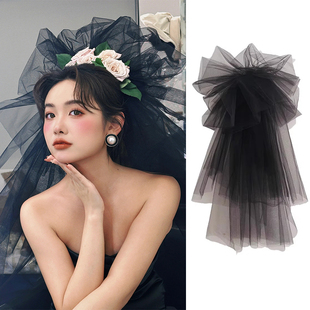 新娘蓬蓬头纱2024抓泡云朵领证登记黑色韩式结婚摄影造型婚纱