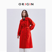 安瑞井大红色气质感，毛呢大衣女，秋冬羊毛系带中长外套