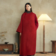 新中式中国红双面羊绒斜襟长款外套女 100%羊毛宽松保暖长呢大衣