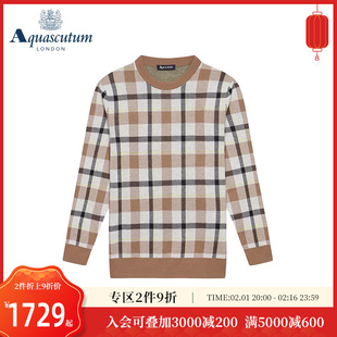 Aquascutum/雅格狮丹保暖男式羊毛格纹撞色长袖针织衫Q4667EM011
