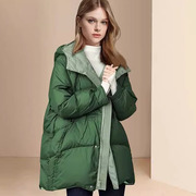时尚大牌冬季高端绿色连帽羽绒服女2023白鸭绒保暖外套中长款
