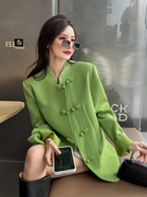 一线大牌外贸撤柜新中式国风女装，绿色西装外套女名媛气质盘扣上衣