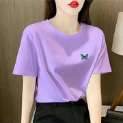 夏季蝴蝶紫色上衣2023年韩版纯棉短袖，t恤女时尚，宽松半袖显瘦t桖衫