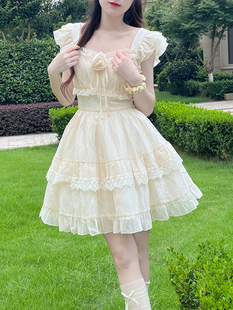 夏季法式温柔风甜美小飞袖显瘦连衣裙女小个子，收腰蕾丝公主裙