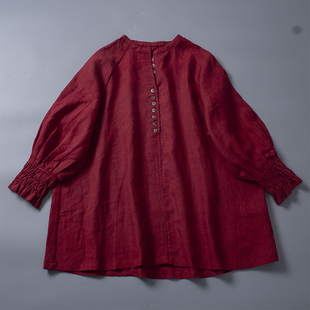 2023秋季色织亚麻洗水复古减龄红色宽松娃娃衬衫洋气时尚上衣