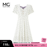 mc2温柔气质方领蕾丝，印花长款连衣裙，女装紫色大蝴蝶结设计感