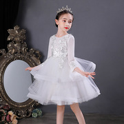 白色童礼服表演出服装连衣裙秋冬蕾丝，短款儿童蓬蓬礼服裙公主