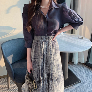 韩国chic复古气质翻领纯色长袖衬衫+高腰花色印花设计长款半身裙