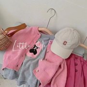 韩国童装秋季女童粉色针织毛衣开衫儿童灰色卡通纯棉长袖t恤洋气