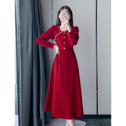红色敬酒礼服平时可穿复古法式方领丝绒连衣裙，高级长袖裙子中长款