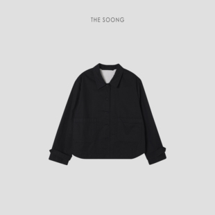thesoong优雅绽放静谧黑筋，骨感排扣双口袋长袖，纯色百搭衬衫风衣