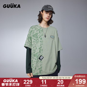 guuka浅绿色假两件拼接长袖，t恤男春季情侣240克纯棉上衣宽松