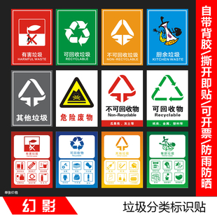 可回收不可回收标示贴纸提示牌垃圾桶分类标识其它有害厨余干湿干垃圾箱标签贴危险废物固废电池回收指示贴
