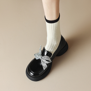 SAIFEI小众设计黑色厚底乐福鞋春季圆头蝴蝶结平跟复古套脚单鞋女