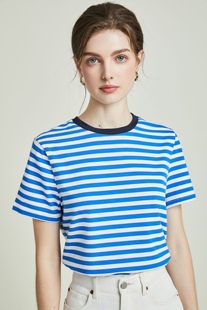 法式小众经典夏季圆领，有机棉拼色条纹，条纹短袖蓝色t恤