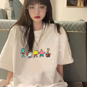 100%纯棉夏季白色清爽女生短袖t恤卡通可爱印花圆领通勤韩版上衣