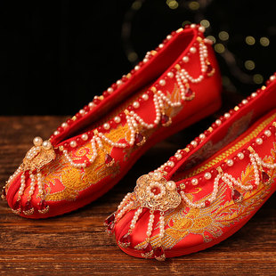 秀禾鞋串珠定制中式婚鞋内增高新娘鞋结婚绣花鞋女红色高跟上轿鞋