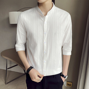 夏季白短袖(白短袖)衬衫，男士修身百搭帅气青年，简约五分袖衬衣潮流中袖寸衣