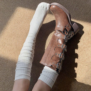 美拉德小腿袜子女搭配靴子，堆堆袜春秋季白色长筒靴，袜jk过膝袜秋冬