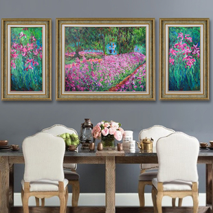 莫奈手绘油画花园风景，客厅餐厅三联画法式美式复古装饰画挂画定制