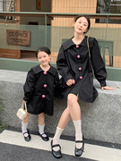 连衣裙亲子装春秋季母女，韩版学院风撞色玫瑰花朵，2023衬衫裙子