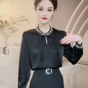 早春季新中式国风雪纺衬衫女春季黑色打底衫长袖减龄盘扣上衣