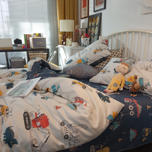 卡通风工程车全棉，四件套纯棉床单被套儿童，可爱宿舍三件套床上用品