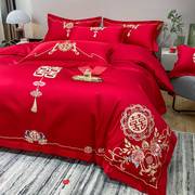 高档中式全棉结婚四件套，大红色床单被套纯棉，婚庆床上用品婚房喜被
