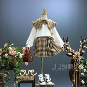 欧美女童装春秋季休闲格子大翻领套裙，韩版中大童时尚两件套装