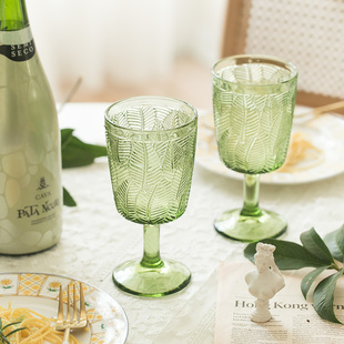 微瑕 玻璃清新叶子浮雕高脚vintage复古绿色红酒饮料葡萄酒杯