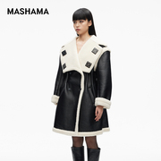 mashama2023秋冬女士设计感翻领修身皮毛一体长，款收腰大衣