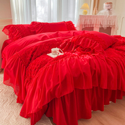公主风蕾丝全棉床裙结婚四件套大红玫瑰被套新婚陪嫁婚庆床上用品