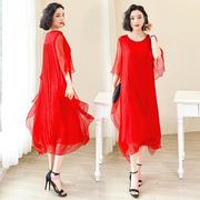 红色真丝连衣裙女中长款2024夏妈妈(夏妈妈)夏装，重磅桑蚕丝沙滩裙长裙