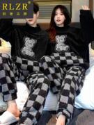 情侣睡衣珊瑚绒冬冬季黑色格子家居服一男一女士加大码套装sq1114