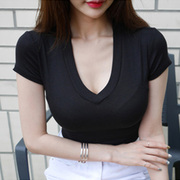 韩国夏低胸V领显胸大性感修身显瘦T恤短袖紧身弹力低领气质上衣女