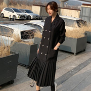 宽松大码西装外套女韩版学生双排，扣bf风衣，过膝长款雪纺拼接连衣裙