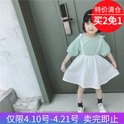2024夏装韩版女童纯棉短袖T恤套装上衣蕾丝吊带裙雪纺罩衫两件套