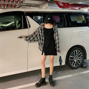 张大人大码女装微胖遮肚子减龄格纹，外套时尚显瘦遮胯休闲吊带裙秋