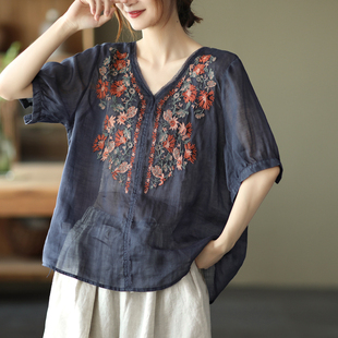 日韩品牌折扣女装撤柜意大利亚麻衬衫女复古刺绣棉麻短袖上衣