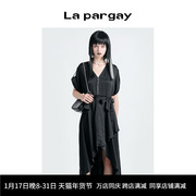 lapargay纳帕佳2023夏女装(夏女装)黑色裙子，休闲短袖长款衬衫式连衣裙