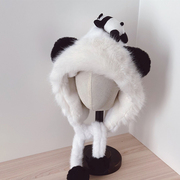 ins博主同款儿童护耳帽毛绒可爱熊猫，保暖帽子宝宝防风包头雷锋帽