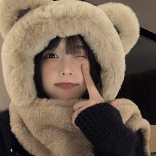 小熊耳朵帽子围巾一体女冬季韩版卡通可爱毛绒，保暖围脖手套三件套