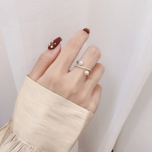 双层交叉珍珠镶钻食指戒简约个性戒指女ins潮网红时尚气质指环