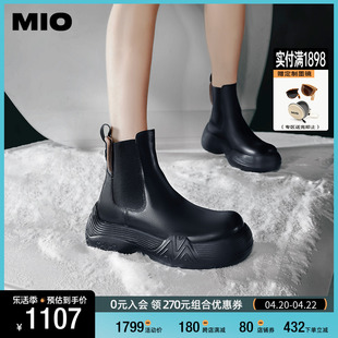 MIO米奥2023年冬季圆头中筒切尔西靴牛皮革小众厚底休闲靴女靴