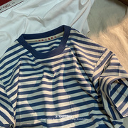 海军蓝条纹 老式短袖T恤中式复古国潮80年怀旧男女文字港风海魂衫
